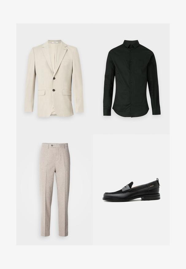 Beige enkeltknottet herreblazer med notch revers, to forlommelommer med klap, en brystlomme og lukning med en knap.; Langærmet sort skjorte lavet af glat stof, med knaplukning foran, klassisk krave og rundet kant uden synlige mønstre eller accenter.; Lys beige uldslynger med en glat tekstur, lige snit, frontfolder og en enkelt knaplukning i taljen.; Sort læderloafer med grå remdetalje, lav hæl og tekstureret sål, mærket med "HUGO" i guld på siden.