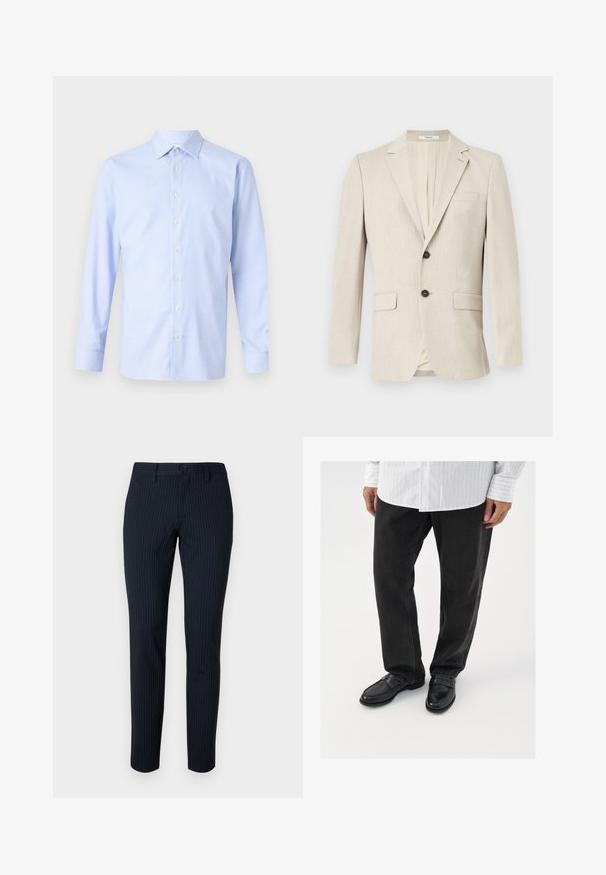 Beige enkelrijige herenblazer met inkepingkraag, twee klepzakken voor, één borstzak en één knoopsluiting.; Lichtblauwe shirt met lange mouwen, voorzien van een geruit patroon, knoopsluiting aan de voorkant, puntige kraag en een subtiele textuur. Perfecte pasvorm met knoopmanchetten.; Marineblauwe broek met dunne verticale strepen, gemaakt van een soepele stof. Voorzien van een knoopsluiting en een getailleerde pasvorm met rechte pijpen.; Zwarte denim broek gecombineerd met glanzende zwarte instappers. Het shirt is wit met dunne verticale strepen, heeft lange mouwen en een geknoopte kraag.