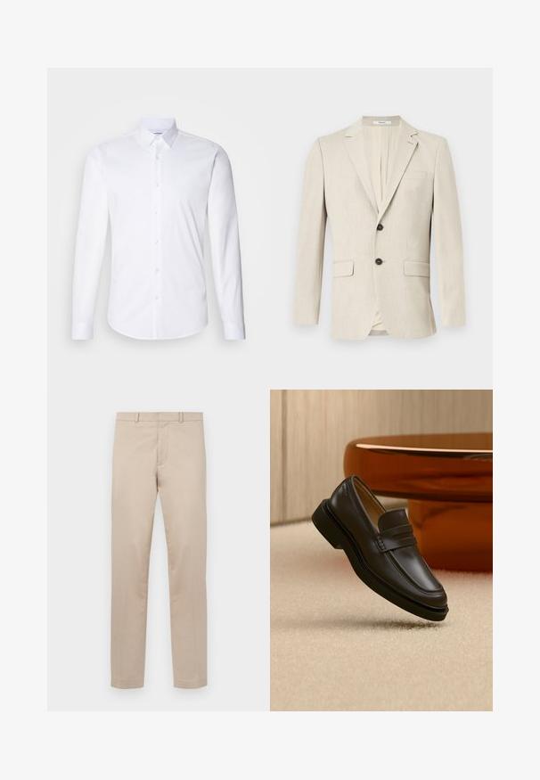 Beige enkeltknottet herreblazer med notch revers, to forlommelommer med klap, en brystlomme og lukning med en knap.; Hvid langærmet skjorte med knaplukning lavet af glat bomuldsstof, med en klassisk krave, knaplukning og buet kant.; Beige bukser med lige ben, bæltestropper, lynlås foran og knaplukning, vist fladt på en lys baggrund.; Sort læderloafer, der svæver over et beige tæppe med brunt afrundet møbel i baggrunden.