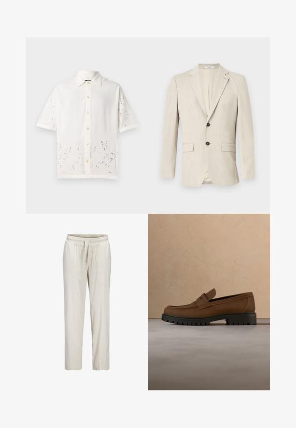 Beige enkeltknottet herreblazer med notch revers, to forlommelommer med klap, en brystlomme og lukning med en knap.; Hvid kortærmet skjorte lavet af letvægtsstof, med knaplukning foran, broderet blomsterdesign langs kanten og klassisk krave.; Beige bukser med lige ben, elastik i taljen og justerbar snor, lavet af letvægtsstof.; Mørkebrune læderloafer med tyk sort gummisål vist over en beige tæppe- og sofa baggrund.