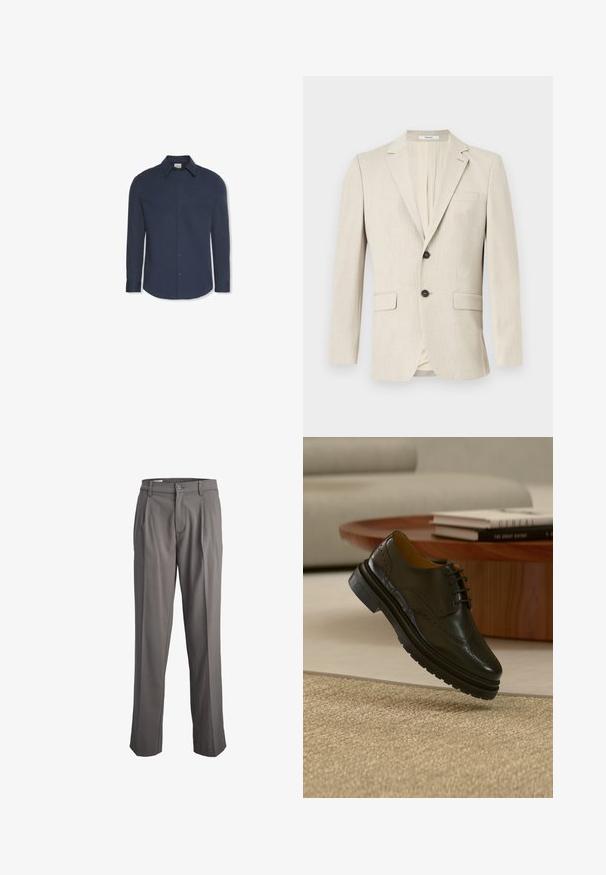 Beige enkeltknottet herreblazer med notch revers, to forlommelommer med klap, en brystlomme og lukning med en knap.; Marineblå langærmet herreskjorte med spids krave, knapper foran og en enkelt brystlomme.; Grå skræddersyede bukser med folder, præsenteret mod en hvid baggrund. Har en knaplukning og lige pasform.; Sort læder brogue-sko med tyk sål, svævende over beige tæppe, rundt træbord med stablede bøger og lysefarvet sofa i baggrunden.