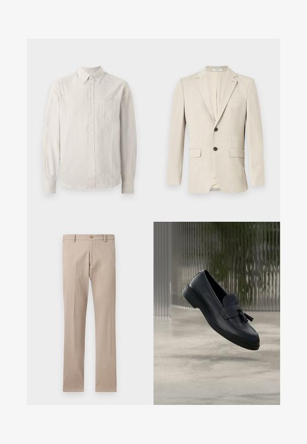 Beige enkeltknottet herreblazer med notch revers, to forlommelommer med klap, en brystlomme og lukning med en knap.; Button-up skjorte i lys beige med tynde lodrette striber, lange ærmer, krave og en enkelt brystlomme. Blødt stof med en glat tekstur.; Beige bukser med lige ben, bæltestropper, lukkes foran med knapper og lommer, vist på en ensfarvet hvid baggrund.; Sorte læderloafers med en glat tekstur, en rundet tå og dekorative kvaster foran. Fleksibel gummisål med lav hæl.