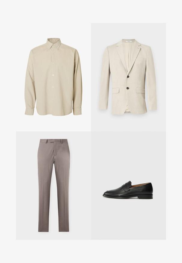 Beige enkeltknottet herreblazer med notch revers, to forlommelommer med klap, en brystlomme og lukning med en knap.; Beige langærmet skjorte med knapper, spids krave og knappede manchetter, vist mod en ensfarvet hvid baggrund.; Herre beige jakkesætbukser med lige snit, frontpresning, bæltestropper og skjult foran lukning mod en ensfarvet baggrund.; Sort læder loafer med rund tå, diskret syning, og lav hæl, der har en glat tekstur og minimalistisk design.