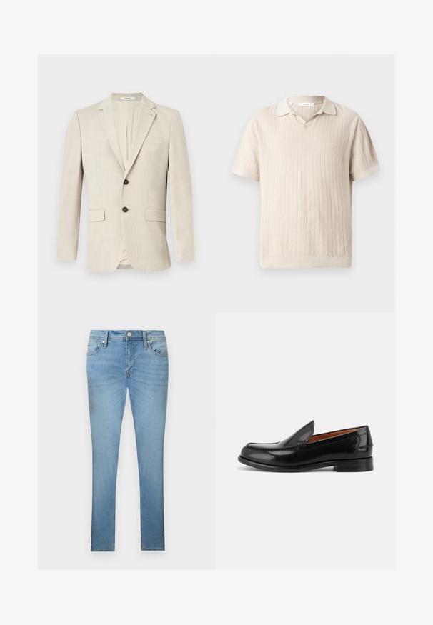 Beige enkelrijige herenblazer met inkepingkraag, twee klepzakken voor, één borstzak en één knoopsluiting.; Beige polo van gebreide stof met korte mouwen, voorzien van een gestructureerd verticaal ribbelpatroon en een kleine kraag.; Lichtblauwe slim-fit spijkerbroek met knopen aan de voorkant, rits, lussen voor een riem en een ontwerp met vijf zakken, weergegeven op een witte achtergrond.; Zwarte gepolijste leren instap loafer met lage hak en gestikte details langs de neus en zijkanten, zijaanzicht.