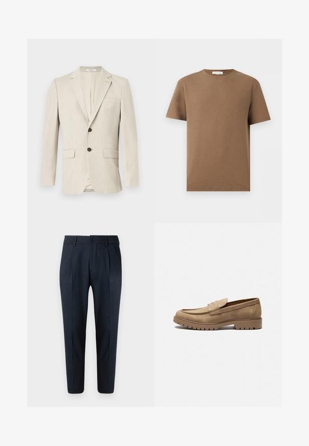 Blazer beige de hombre de un solo botón con solapas con muesca, dos bolsillos frontales con solapa, un bolsillo en el pecho y cierre de botón.; Camiseta marrón de manga corta y cuello redondo con tejido texturizado y etiqueta "Pier One" en el interior del cuello, mostrada sobre un fondo blanco.; Pantalones azul marino de corte recto, con cierre de botón, pliegues en la parte frontal y cinturilla elástica para mayor comodidad. Textura suave.; Mocasines de gamuza color marrón claro con punta redondeada, suela plana de goma y costuras decorativas en la parte superior. Presentan un diseño sin cordones para poner y quitar fácilmente.
