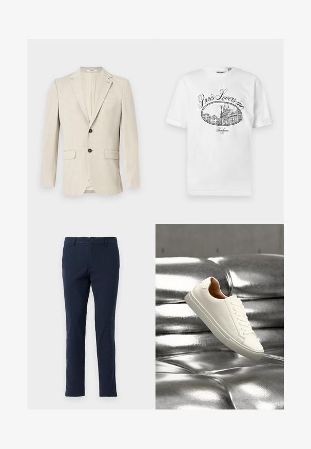Beige enkeltknottet herreblazer med notch revers, to forlommelommer med klap, en brystlomme og lukning med en knap.; Hvid bomulds-T-shirt med et sort illustrativt tryk af en pariserbybillede med teksten "Paris Lovers inc." og "Bonheur EST.1992."; Marineblå bomulds-chinoer med slim fit, der har knap- og lynlås-lukning, bæltestropper og for- samt baglommer. Glat tekstur.; Hvid lavtop-sneaker, der svæver over en skinnende sølv tuftet læderoverflade.