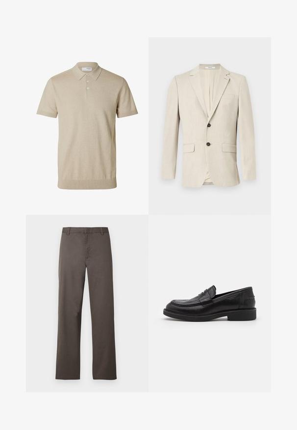 Blazer beige pour homme à simple boutonnage, avec revers crantés, deux poches à rabat devant, une poche poitrine et une fermeture par un bouton.; Polo beige à manches courtes avec col et trois boutons, bords côtelés aux manches et à l'ourlet, tissu en maille unie.; Pantalon en coton marron avec une coupe droite, doté de passants de ceinture et une texture lisse. Aucun motif visible ni détail de quincaillerie.; Mocassins en cuir noir avec un bout arrondi, des coutures ton sur ton et un détail de sangle à l'avant. Semelle en caoutchouc avec un petit talon.