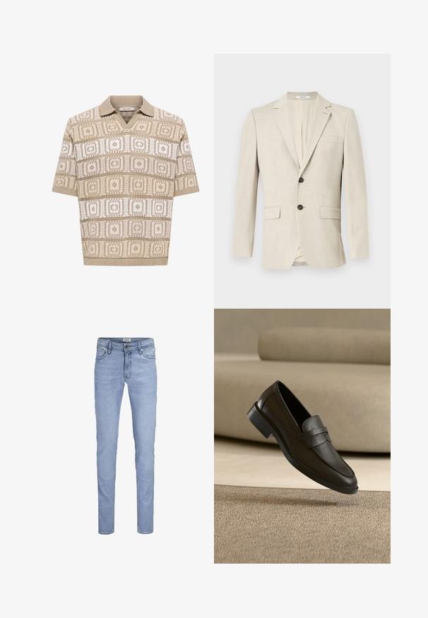 Blazer beige pour homme à simple boutonnage, avec revers crantés, deux poches à rabat devant, une poche poitrine et une fermeture par un bouton.; Polo en maille beige à manches courtes avec motifs géométriques carrés et losanges en beige et blanc, col et poignets côtelés.; Jean slim bleu clair avec bouton à l'avant, fermeture éclair et design à cinq poches.; Chaussure loafer en cuir noir reposant sur un tapis beige avec un canapé beige courbé en arrière-plan.