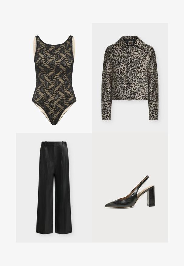 Chaqueta abotonada con estampado de leopardo, cuello y mangas largas, dobladillo recto y detalles de costuras visibles.; Body sin mangas de encaje floral negro con forro nude y escote redondeado.; Pantalón negro de pierna ancha en polipiel con cintura alta y detalle de cinturón lateral sobre fondo gris claro.; Zapato slingback de piel negra con puntera puntiaguda, tacón alto y ancho, y forro interior beige sobre un fondo claro y liso.