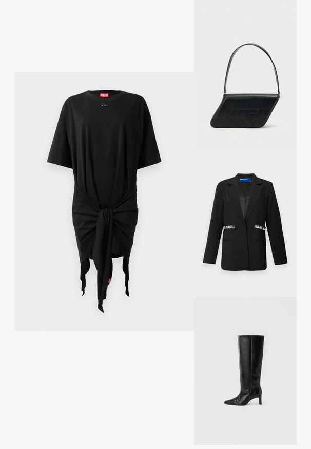 Zwarte blazer met een slim-fit ontwerp, enkele knoopsluiting, twee voorzakken en "Karl" logo-accenten aan de zijkanten. Soepele stoftextuur.; Zwarte katoenen t-shirt jurk met korte mouwen, voorzien van een knoopdetail in de taille en een logo label. Smooth textuur en losse pasvorm.; Zwarte kniehoge laarzen gemaakt van glad leer, met een puntige neus en een slanke hak, een nauwsluitende schacht en een minimalistisch ontwerp.; Zwarte leren schoudertas met een driehoekige vorm, geperst logo en een enkele verstelbare riem. Minimalistisch ontwerp met een gladde textuur.