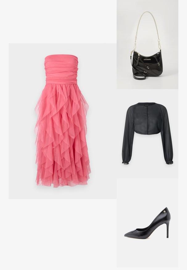 Zwarte doorschijnende cropped blouse met lange mouwen, elastische manchetten en een ronde halslijn op een lichte achtergrond.; Strapless jurk in een levendige roze kleur met een geraffineerde lijfje en gelaagde tulle volants die van de taille naar de zoom cascaderen. Zachte, lichte textuur.; Zwarte leren pump met hoge hak en spitse neus, voorzien van een uitsnijdingsontwerp en een klein gouden logo-accent op de hak.; Zwarte lakleren crossbody tas met een gebogen vorm, zilveren kettingriem, goudkleurige hardware en een verstelbare schouderriem.
