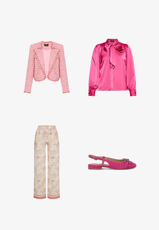 Roze cropped tweedblazer met franjes aan de randen en parelknopen op de voorkant en mouwen, gevoerde binnenkant.; Roze satijnen blouse met een hoge hals, strikdetail bij de kraag en gepofte lange mouwen. Heeft knoopsluitingen en gestructureerde manchetten.; Katoenen pyjamabroek met een licht beige achtergrond en een rood toilepatroon dat pastorale taferelen uitbeeldt. Elastische tailleband en contrasterende zoom.; Roze suède slingback balletflats met een lage blokhak, voorzien van een decoratieve strassaccent op de tenen en een verstelbare enkelband.