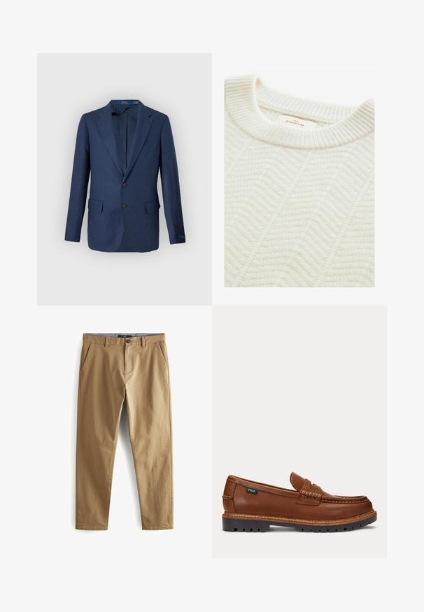 Herre marineblå blazer med notch revers, to frontlommer med klap og lukning med to knapper, vist mod en lysegrå baggrund.; Cremefarvet strikket sweater med ribbet rund hals, der har et struktureret halvanden mønster og et mærke med teksten "NEXT SIGNATURE."; Next STRETCH - Bukser - dark sand; Brun læderloafer med syninger, robust sort sål og lille "Polo" mærkat på siden.