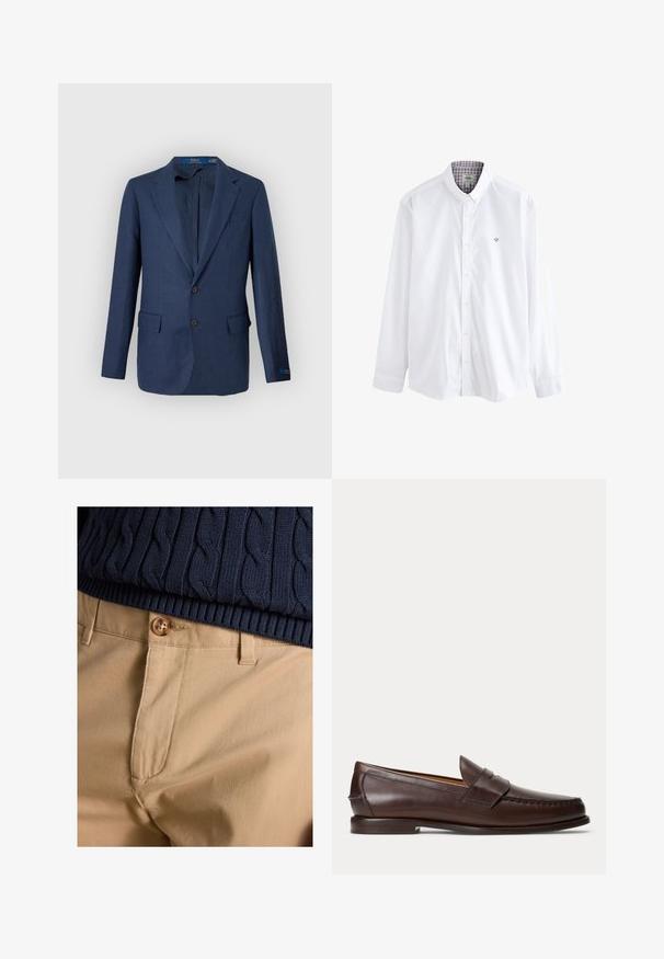 Dunkelblaues Herren-Sakko mit Notch-Lapels, zwei frontalen Pattentaschen und Zwei-Knopf-Verschluss, vor hellem grauem Hintergrund präsentiert.; Weißes Hemd mit Knöpfen und einem strukturierten Kragen, der innen ein kontrastierendes Karomuster sowie ein kleines, gesticktes Emblem auf der Brust aufweist.; Nahaufnahme von beigen Hosen mit Knopfverschluss kombiniert mit dem Saum eines marineblauen, kabelgestrickten Pullovers.; Dunkelbrauner Leder-Pennyloafer mit Nahtdetails und niedrigem gestapeltem Absatz, seitlich auf einfachem Hintergrund gezeigt.