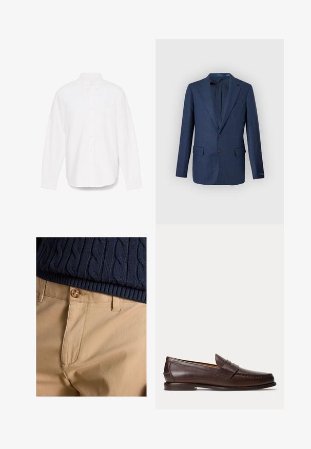 Herre marineblå blazer med notch revers, to frontlommer med klap og lukning med to knapper, vist mod en lysegrå baggrund.; Hvid langærmet skjorte med knapper og spidse kraver, enkelt lomme og subtilt tekstureret stof. Har knapmanchetter og lige kant.; Nærbillede af beige bukser med knaplukning kombineret med navyblå kabelstrikket sweaterkant.; Mørkebrune læder penny loafers med syningsdetaljer og lav stacket hæl, vist fra siden på en ensfarvet baggrund.