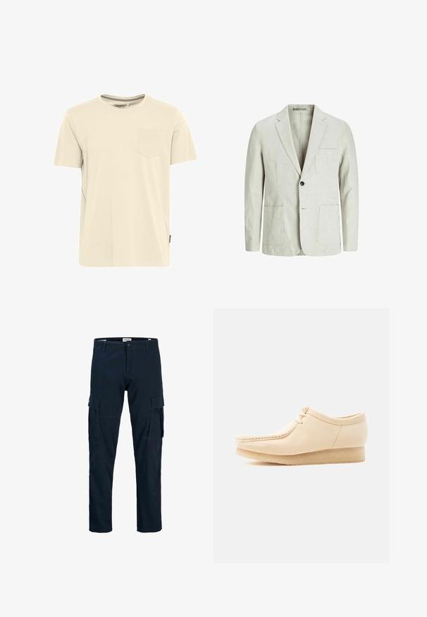 Ανοιχτό γκρι λινό σακάκι με δομημένο σχέδιο, με πέτο, δύο μπροστινές τσέπες, κλείσιμο με ένα κουμπί και ελάχιστες λεπτομέρειες.; Ανοιχτού μπεζ κοντομάνικο μπλουζάκι φτιαγμένο από βαμβάκι, με στρογγυλή λαιμόκοψη και μικρή τσέπη στο αριστερό στήθος. Λεπτομέρεια με υφασμένη περιφέρεια λαιμού.; Ναυτικά παντελόνια εργασίας από ανθεκτικό ύφασμα, με πολλές τσέπες στο πλάι, ευθεία γραμμή στα πόδια και διακριτικές ραφές.; Μπεζ δερμάτινο παπούτσι με κορδόνια, σόλα από κρέπα, ραφή moc toe και χαμηλό τακούνι σε σχήμα σφήνας, εμφανιζόμενο από την εξωτερική πλευρά σε απλό φόντο.
