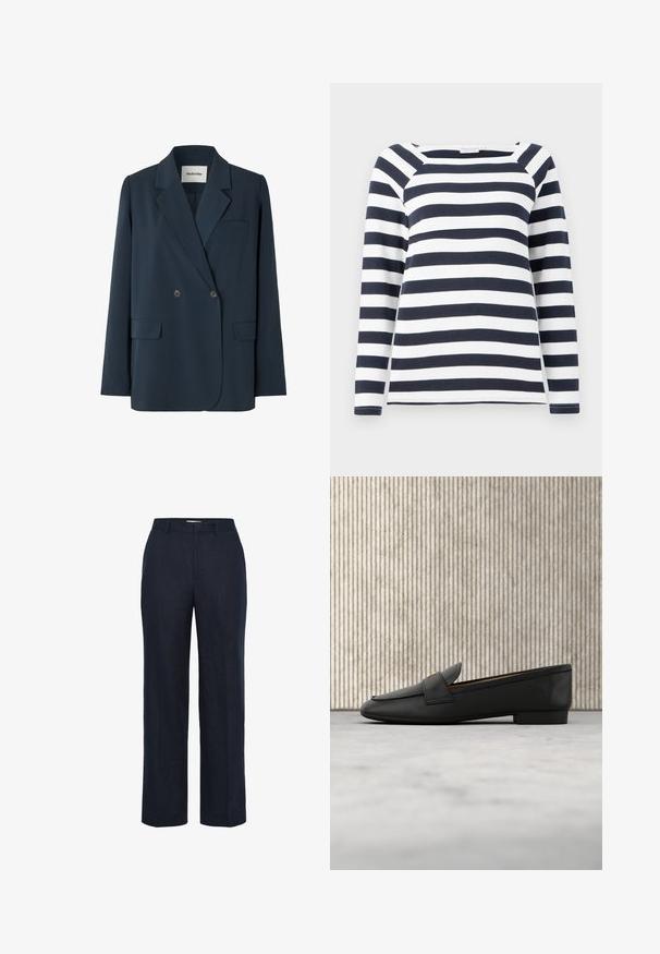 Modström PERRYMD - Blazer - midnight blue; TOM TAILOR STRIPED CARRE NECK - Langærmet T-shirt - lunar eclipse/off white; Marineblå bukser lavet af stof med en subtil struktur. Har et lige ben-design og et klassisk taljebånd. Ingen synlige lommer eller detaljer.; Sorte læder loafers med et guld accent, afrundet tå og en glat overflade, hængende over en reflekterende overflade med metalliske hylder.