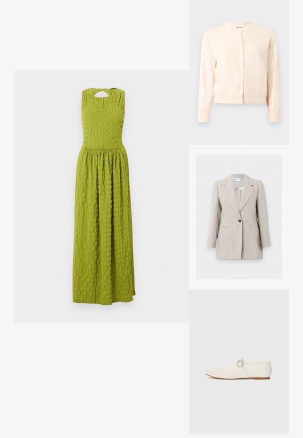 Beige skræddersyet blazer med enkelt knap, notched revers og to frontlommer, vist på en ensartet lys baggrund.; Kremfarvet cardigan med lange ærmer og knapper foran, ribstrikkede manchetter og kant, med subtile palietdetaljer på ærmerne.; Ærmeløs lang grøn kjole med tekstureret firkantmønster, tætsiddende talje og lille knaphulslukning ved nakken bagpå.; Hvide syntetiske flade sko med mesh-struktur, spidse tå og en sidesnor med en rund detalje. Lav hæl og fleksibel sål.