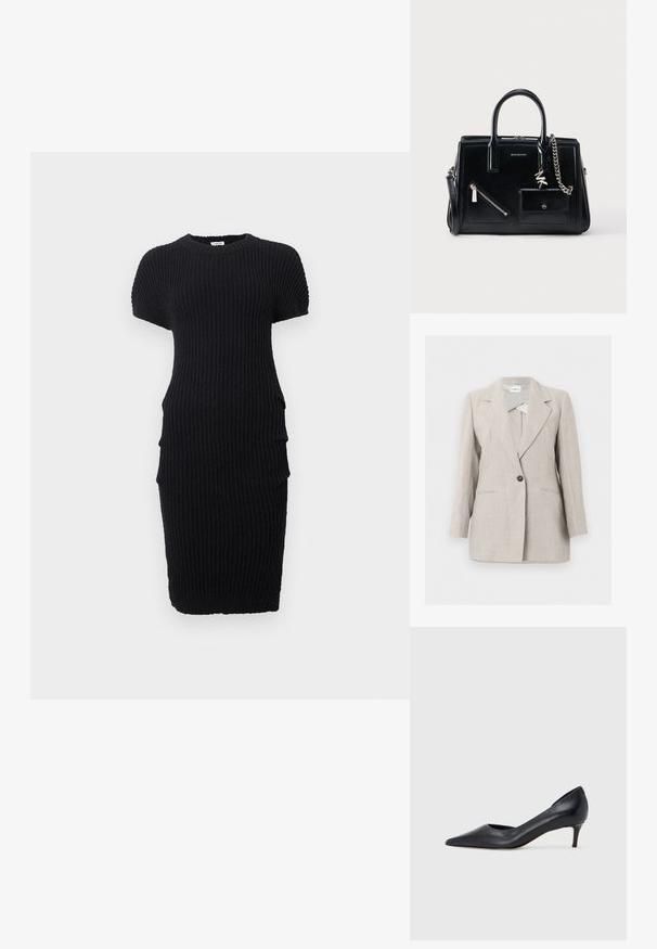 Blazer beige ajusté à un seul bouton avec revers crantés et deux poches avant, présenté sur un fond clair uni.; Robe courte en maille noire côtelée à manches courtes, col rond et silhouette ajustée, présentée sur fond blanc.; Escarpin en cuir noir avec un bout pointu et un talon bas. Présente une texture lisse et un éclat subtil. Découpe ouverte à l'avant pour un détail supplémentaire.; Sac à main en cuir noir avec deux poignées, poche avant zippée et à bouton, détail chaîne argentée et logo Michael Kors au centre avant.