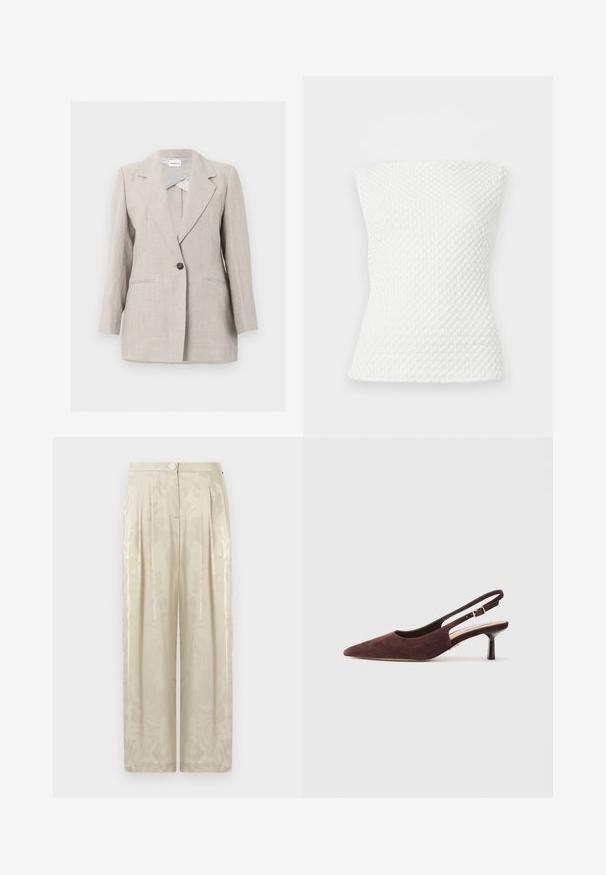 Beiger, einreihiger, maßgeschneiderter Blazer mit Reverskragen und zwei Fronttaschen, dargestellt vor einem einfarbigen, hellen Hintergrund.; Weißes, strukturiertes, trägerloses Stricktop mit figurbetonter Silhouette und dezentem Wabenmuster.; Beige Hose mit hohem Bund und weitem Bein, dezentem Blumenmuster, vorderer Knopfverschluss und plissierten Details.; Braune Wildleder-Slingback-Schuhe mit spitzer Zehenform und schmalem Absatz. Verfügt über einen verstellbaren Riemen mit einer Metall-Schnalle.