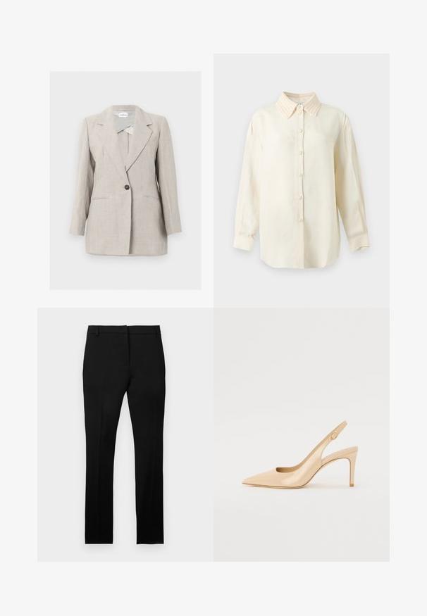 Blazer beige ajusté à un seul bouton avec revers crantés et deux poches avant, présenté sur un fond clair uni.; Chemise crème à manches longues, boutonnée, avec col texturé et boutons assortis, présentée sur un fond clair uni.; Pantalon habillé noir sur mesure avec passants pour ceinture, fermeture éclair à l'avant et jambes droites et ajustées, présenté sur un fond blanc uni.; Escarpin slingback en cuir verni nude avec un bout pointu, un décolleté ouvert et un talon aiguille fin. Comprend un accent doré circulaire sur la sangle.