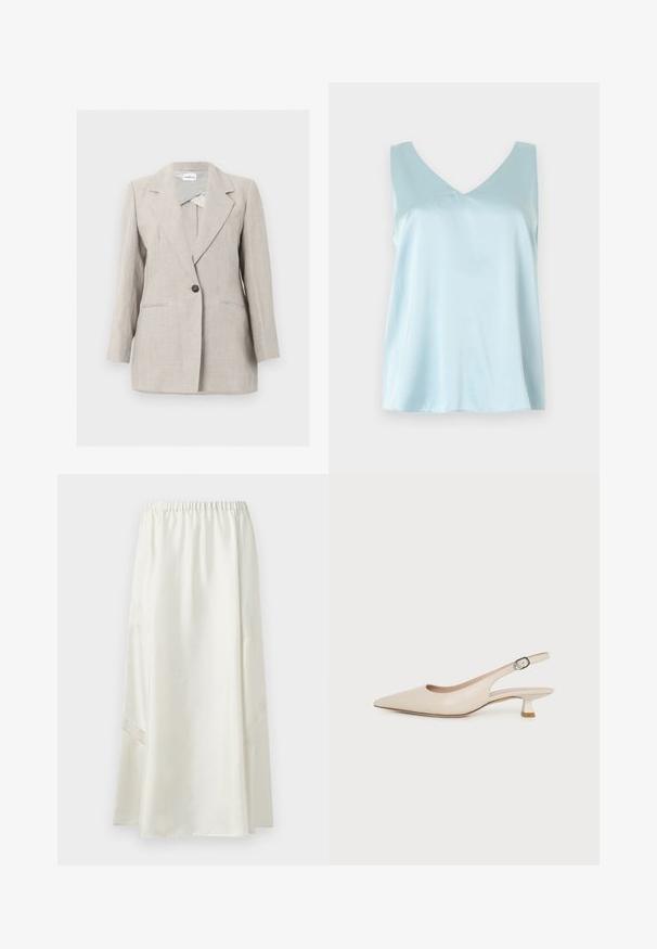 Blazer beige ajusté à un seul bouton avec revers crantés et deux poches avant, présenté sur un fond clair uni.; Haut sans manches en satin bleu clair avec encolure en V, coupe ample et texture lisse et brillante sur un fond uni.; Longue jupe blanche avec taille élastique et inserts subtils en dentelle sur les côtés inférieurs, présentée sur un fond uni.; Chaussure slingback beige à bout pointu avec un petit talon kitten et une boucle latérale réglable sur fond blanc uni.