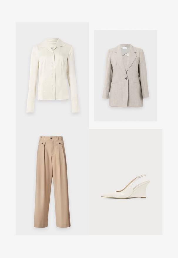Beige skræddersyet blazer med enkelt knap, notched revers og to frontlommer, vist på en ensartet lys baggrund.; Off-white langærmet skjorte med knapper, bred krave og figursyet talje, præsenteret mod en plain lys baggrund.; Beige bukser med høj talje og vid ben, frontplisseringer, sidelommer med klap og knapper samt bæltestropper mod en hvid baggrund.; Hvid patentlæder kilehælssandalette med spids tå og justerbar spænde rem på ensfarvet baggrund.