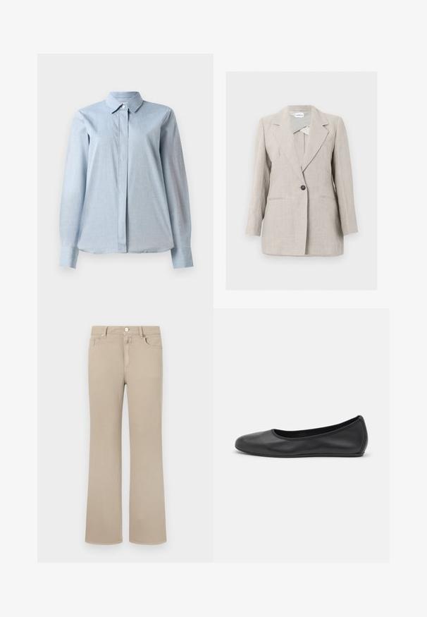 Beige, op maat gemaakte blazer met een enkele knoop, notch-revers en twee voorzakken, weergegeven tegen een eenvoudige lichte achtergrond.; Lichtblauw overhemddesign met een kraag, lange mouwen, een voorste sluiting en een gladde stoftextuur. De onderkant is licht gebogen.; Beige flare jeans van zacht katoen. Voorzien van een klassiek vijf-zakken ontwerp, knoopsluiting en nette stiksels langs de randen.; Zwarte leren ballerina met een ronde neus, gladde textuur, minimale stikdetails en een flexibele zoolontwerp.