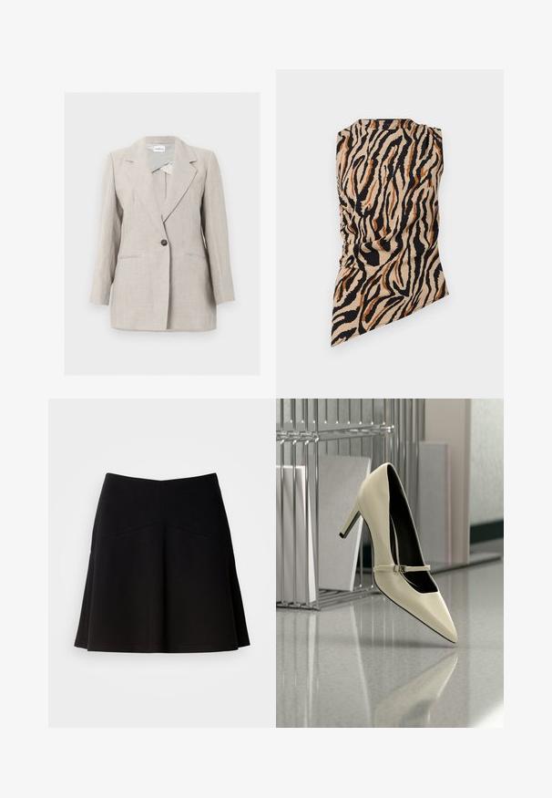 Beige skræddersyet blazer med enkelt knap, notched revers og to frontlommer, vist på en ensartet lys baggrund.; Ærmeløs top med asymmetrisk kant og tigerstribet print i beige, sort og brune farver på en ensfarvet baggrund.; Sort flagrende nederdel lavet af blødt stof, med en tætsiddende talje og sømdetaljer. Glat tekstur med et enkelt, klassisk design.; Cremefarvet højhælet sko med en tynd rem, placeret på en reflekterende gulv nær en metalfilorganisator med papirer.