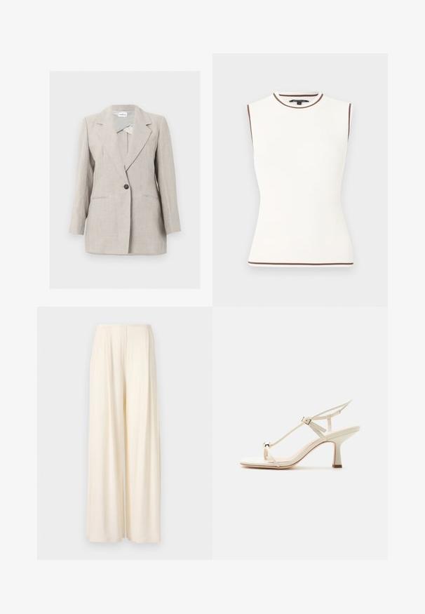 Beige, op maat gemaakte blazer met een enkele knoop, notch-revers en twee voorzakken, weergegeven tegen een eenvoudige lichte achtergrond.; Mouwloze witte geribbelde top met bruine afwerking aan de halslijn, armsgaten en zoom, getoond op een effen achtergrond.; Norma Kamali MENS PLEAT - Broek - cream; Beige hoge hak sandaal met dunne bandjes, een verstelbare gesp, teenringdetail en een taps toelopende blokhak op een vlakke ondergrond.
