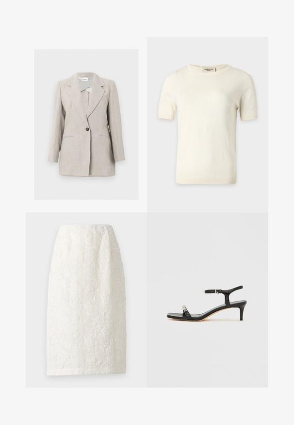 Beige skræddersyet blazer med enkelt knap, notched revers og to frontlommer, vist på en ensartet lys baggrund.; Kortærmet trøje i cremefarvet strik med rund halsudskæring og ribkant, mærket "Weekend Max Mara" på indersiden af nakken bagtil.; Knelang hvid nederdel med et tekstureret blomstermønster, der har hævede rosedesigns og en subtil glans. Enkel, lige silhuet.; Sort læder sandal med hæl og ankelrem, åben tå, firkantet front og sølvfarvede metalaccenter. Figurformet design med en slank profil.