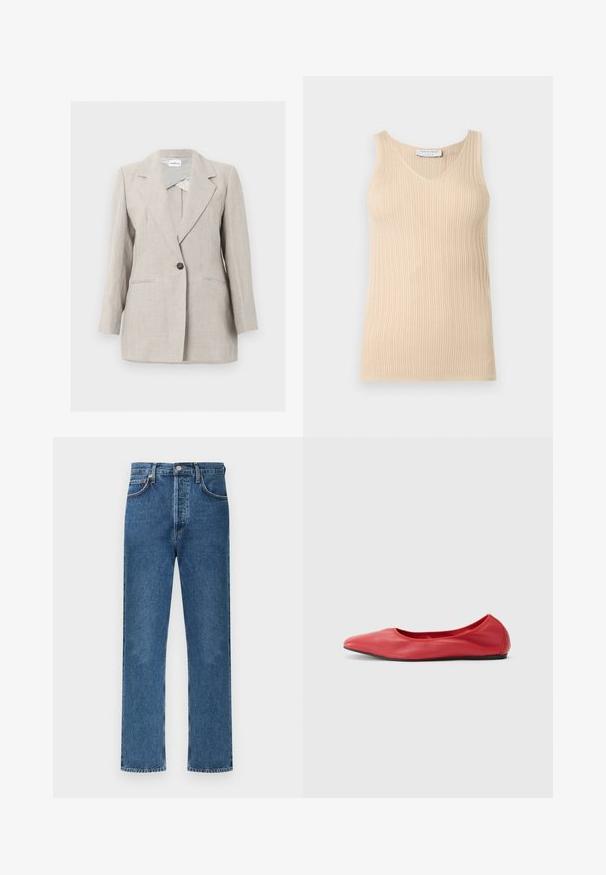 Beige skræddersyet blazer med enkelt knap, notched revers og to frontlommer, vist på en ensartet lys baggrund.; Ærmeløs beige ribstrikket top med V-hals og et "Tiger of Sweden" mærke i kraven mod en ensfarvet lys baggrund.; Blå denimjeans med lige snit, der har et klassisk fem-lomme-design, synlig knapgylp og subtile syningsdetaljer.; Filippa K REY FLATS - Ballerinasko - bright red