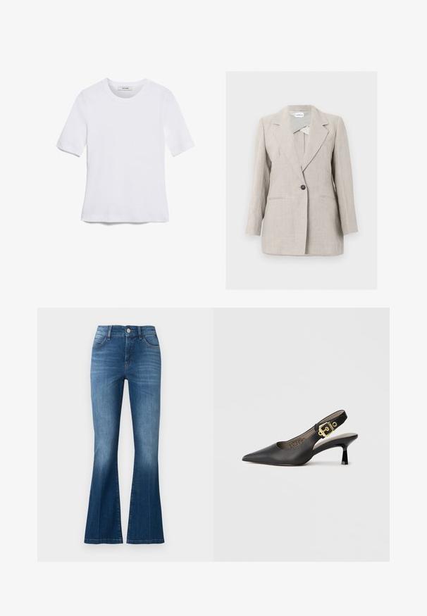 Beige skræddersyet blazer med enkelt knap, notched revers og to frontlommer, vist på en ensartet lys baggrund.; Hvid kortærmet t-shirt lavet af ribbet stof. Rund halsudskæring, almindelig pasform og subtile syninger. Ingen mønstre eller grafik.; Blå denim flare jeans med frontknap, lynlås og fem-lomme design, der viser let falmning på lår og knæ.; Sort slingback højhælt sko med spids tå, glat læderstruktur og en guldfarvet spændeaccent på remmen.