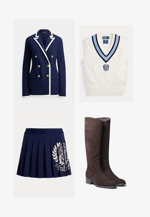 Blazer bleu marine à double boutonnage avec bordure blanche sur les revers, les poignets et l'ourlet, comportant six boutons dorés et des poches avant à rabat.; Gilet sans manches en maille torsadée blanche avec col en V rayé bleu et logo Polo Ralph Lauren Wimbledon sur la poitrine.; Jupe plissée bleu marine avec une large ceinture et un logo blanc à thème tennis sur le bas à droite.; Bottes en daim marron jusqu'au genou avec un embout légèrement arrondi et un petit talon carré. Présente des détails de couture discrets sur les côtés.