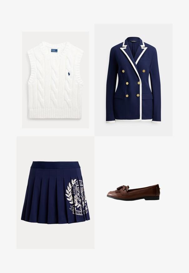 Marineblauer zweireihiger Blazer mit weißem Besatz an Revers, Bündchen und Saum, ausgestattet mit sechs goldenen Knöpfen und vorderen Pattentaschen.; Weißer ärmelloser Kabelstrickpullover mit geripptem Saum. Verfügt über ein kleines, gesticktes blaues Logo auf der Brust. Strukturierter, weicher Stoff.; Marineblauer plissierter Rock mit breitem Bund und weißem Tennis-Wappen-Logo auf der unteren rechten Seite.; Braune Lederloafer mit flacher Sohle, verziert mit einer Schleife und Quastenakzent an der Vorderseite, mit glatter Textur und schlankem Design.
