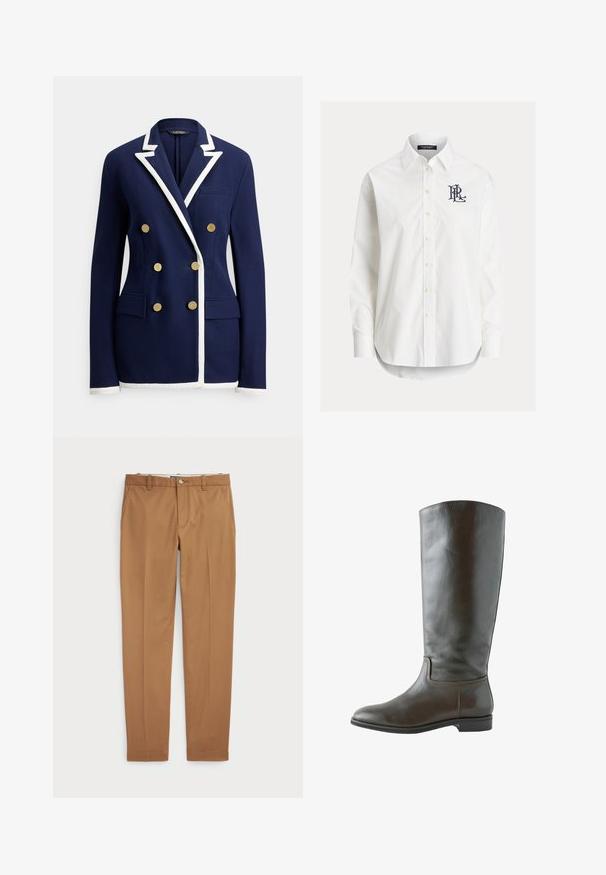 Marineblauwe dubbelgeknoopte blazer met witte biezen op revers, manchetten en zoom, voorzien van zes gouden knopen en voorflapzakken.; Wit overhemd met lange mouwen, knopen, een puntige kraag en een zwart geborduurd logo op de linkerborst.; Bruine katoenen broeken met een slim-fit ontwerp, vlakke voorkant en standaardzakken; gladde textuur en afgewerkte manchetten.; Hoge bruine leren laars met lage hak, afgeronde neus en eenvoudige stiksels langs de enkel en zijkanten van de zool.
