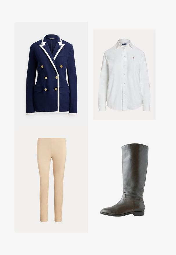 Marineblauwe dubbelgeknoopte blazer met witte biezen op revers, manchetten en zoom, voorzien van zes gouden knopen en voorflapzakken.; Wit overhemd met lange mouwen, knoopsluiting en kraag en een klein geborduurd logo op de linkerborst, weergegeven op een effen achtergrond.; Beige slim-fit enkellange broek met een gladde afwerking en zonder zichtbare zakken of versieringen op een effen achtergrond.; Bruine leren kniehoge laars met een gladde textuur, ronde neus en minimale stikdetails. De zool is plat met een lage hak.