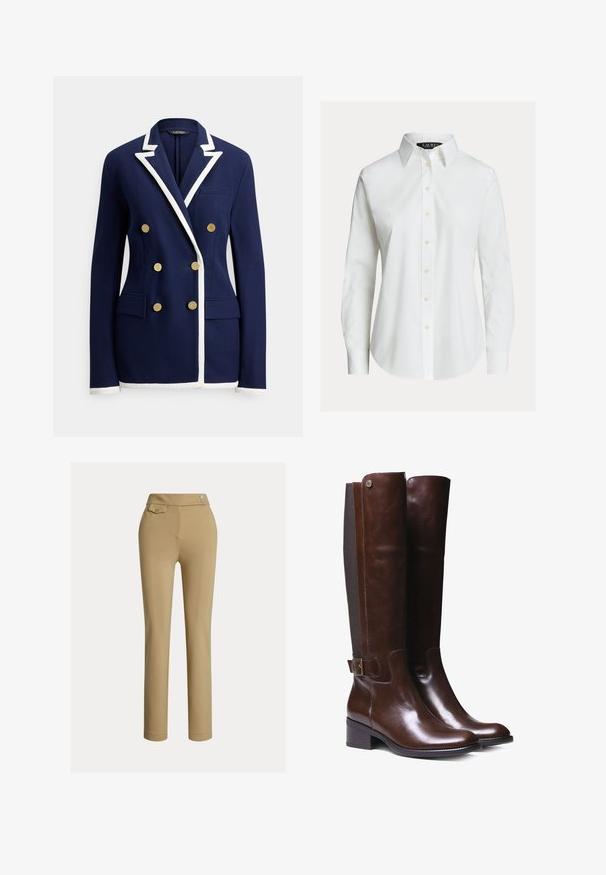 Marineblå dobbeltradet blazer med hvide kantdetaljer på revers, manchetter og kant, med seks guldknapper og forlommer med klap.; Hvid skjorte med lange ærmer, knapper foran, spids krave og let buet kant.; Beige skræddersyede bukser med en glat tekstur, høj talje, to dekorative knapper og en enkelt baglomme. Lige ben-design.; Brune læderknæhøje støvler med glat finish, kontrasterende stofpanel, ankelspænde detalje og lav blokhæl.