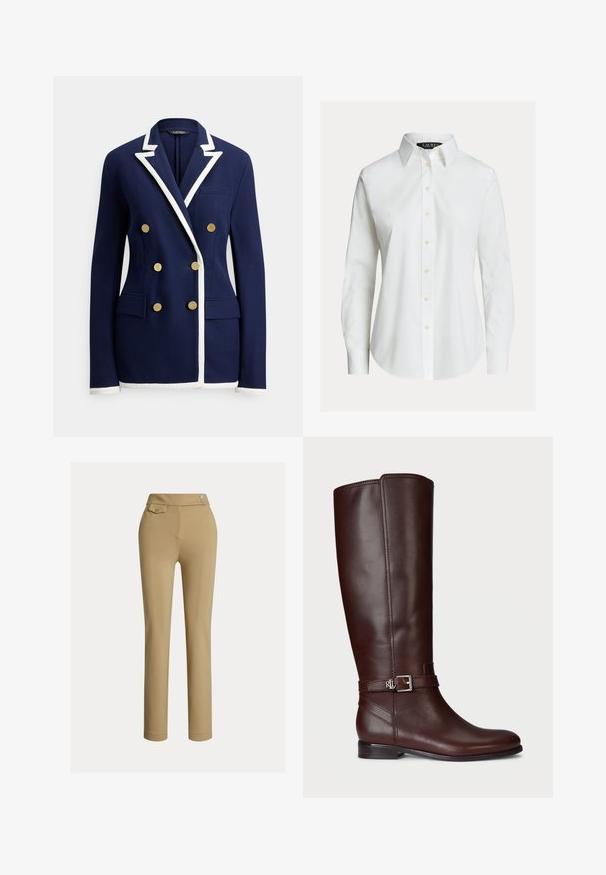 Marineblauer zweireihiger Blazer mit weißem Besatz an Revers, Bündchen und Saum, ausgestattet mit sechs goldenen Knöpfen und vorderen Pattentaschen.; Weißes langärmeliges Hemd mit Knopfleiste, spitzem Kragen und leicht gebogenem Saum.; Beige Maßhose mit glatter Textur, hoher Taille, zwei dekorativen Knöpfen und einer einzelnen Gesäßtasche. Gerade Beinform.; Schwarze Lederstiefel bis zum Knie mit glatter Oberfläche, silberfarbener Schnallenakzent und niedrigem, gestapeltem Absatz. Besitzt dezente Steppnähte.