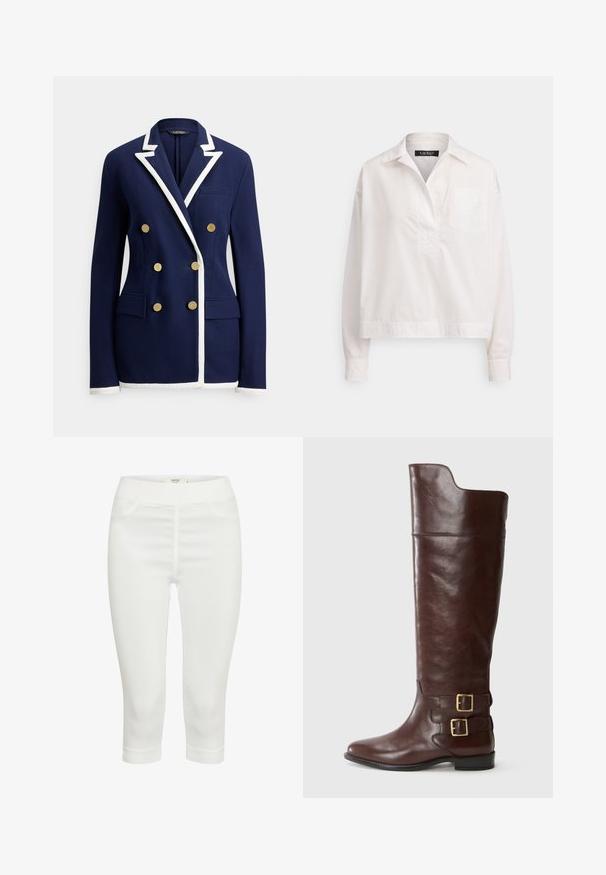 Marineblauwe dubbelgeknoopte blazer met witte biezen op revers, manchetten en zoom, voorzien van zes gouden knopen en voorflapzakken.; Witte, lange mouwen shirt gemaakt van katoen. Voorzien van een kraag, halve knoopsluiting en een enkele borstzak; de zoom is iets korter.; Witte capri-broeken van rekbaar materiaal, met een gladde textuur, twee voorkwalme zakken en een comfortabele elastische tailleband.; Bruine leren kniehoge laars met een afgeronde neus, voorzien van twee goudkleurige gespen bij de enkel en een gladde, gepolijste textuur.