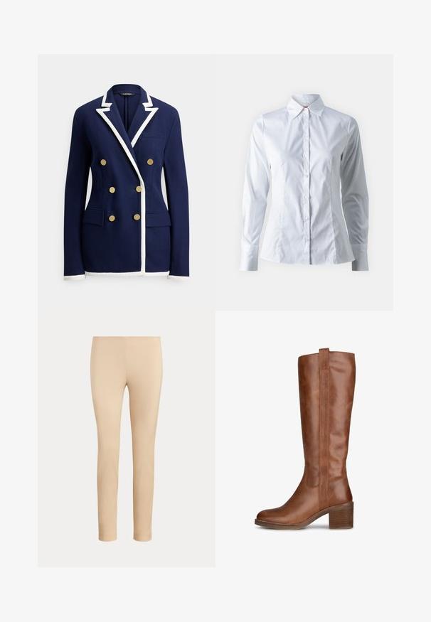 Marineblauer zweireihiger Blazer mit weißem Besatz an Revers, Bündchen und Saum, ausgestattet mit sechs goldenen Knöpfen und vorderen Pattentaschen.; Weißes Hemd mit langen Ärmeln, Punktkragen, taillierter Passform, glattem Baumwollstoff und Knopfverschluss vorne.; Beige, figurbetonte, knöchellange Hose mit glatter Oberfläche und ohne sichtbare Taschen oder Verzierungen auf einfarbigem Hintergrund.; Braune Lederknöchelhohe Stiefel mit runder Spitze, einem gestapelten Absatz und Nahtdetails an den Seiten. Glatte Textur mit aufrechter Gestaltung.