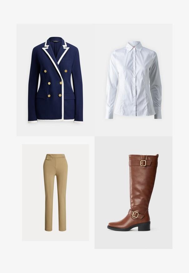 Marineblå dobbeltradet blazer med hvide kantdetaljer på revers, manchetter og kant, med seks guldknapper og forlommer med klap.; Hvid skjorte med lange ærmer, spidse krave, tætsiddende design, glat bomuldsstof og frontlukning med knapper.; Beige skræddersyede bukser med en glat tekstur, høj talje, to dekorative knapper og en enkelt baglomme. Lige ben-design.; Brun knæhøj læderstøvle med to gyldne spænder, lav sort blokhæl og snoretab bagpå på en helt hvid baggrund.