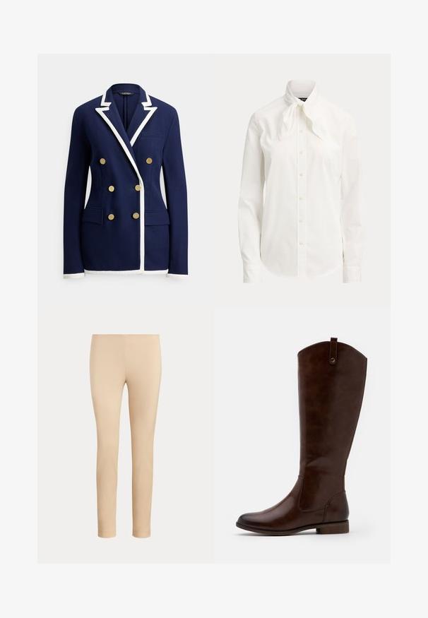 Blazer bleu marine à double boutonnage avec bordure blanche sur les revers, les poignets et l'ourlet, comportant six boutons dorés et des poches avant à rabat.; Blouse blanche à manches longues avec des boutons sur le devant et un col noué en noeud sur un fond uni.; Pantalon beige slim fit longueur cheville avec une finition lisse, sans poches visibles ni ornements, sur un fond uni.; Bottes marron jusqu'aux genoux en cuir lisse, avec un bout arrondi, un petit talon empilé et un subtil motif de couture sur les côtés.