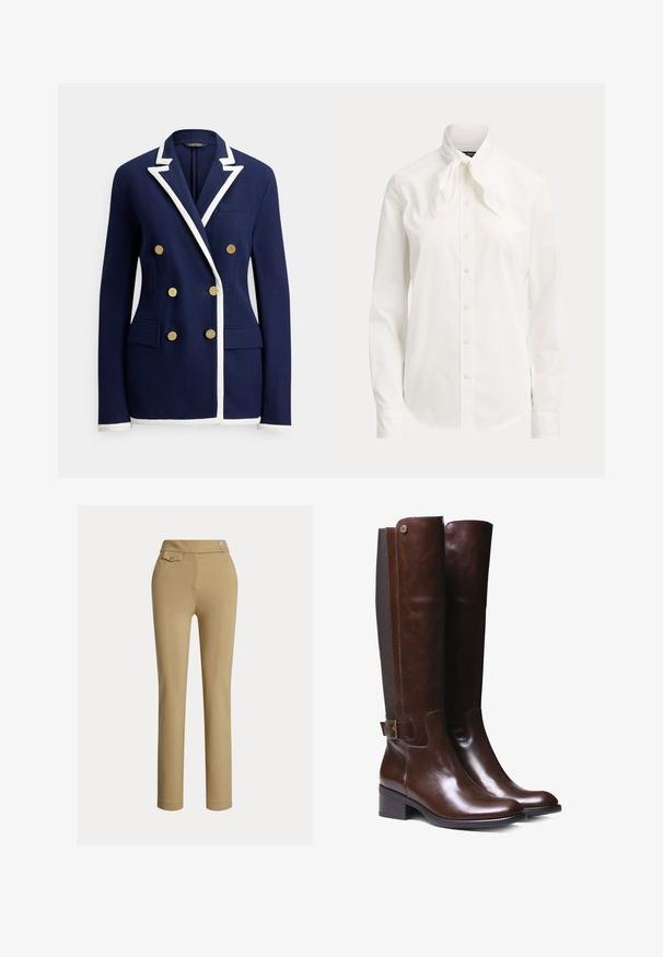 Marineblauwe dubbelgeknoopte blazer met witte biezen op revers, manchetten en zoom, voorzien van zes gouden knopen en voorflapzakken.; Witte blouse met lange mouwen, knopen aan de voorkant en een geknoopt strikje aan de kraag op een effen achtergrond.; Beige op maat gemaakte broek met een zachte textuur, hoge taille, twee decoratieve knopen en een enkele achterzak. Recht gesneden ontwerp.; Bruine leren laarzen tot de knie met een gladde afwerking, contrasterend stofpaneel, enkelgesp detail en lage blokhak.