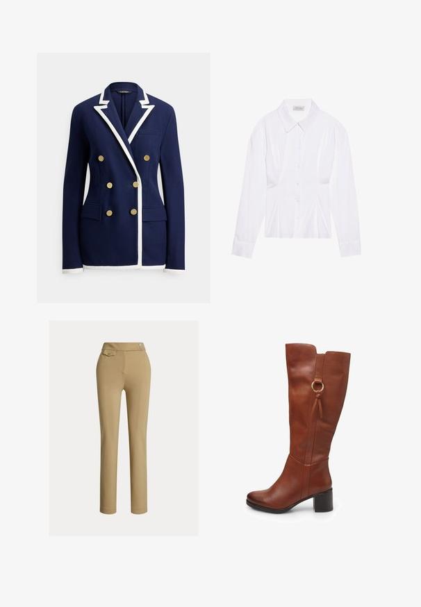 Marineblå dobbeltradet blazer med hvide kantdetaljer på revers, manchetter og kant, med seks guldknapper og forlommer med klap.; Hvid langærmet bluse med klassisk krave, knaplukning foran og samlede side detaljer. Glat stof med en skræddersyet form.; Beige slim-fit kvindebukser med høj talje, to knapper i siden og en lille lomme med knap nær taljebåndet.; Brun læder knæhøj støvle med rundet tå, chunky hæl, sides lynlås og dekorativ ringdetalje nær toppen. Glat tekstur.