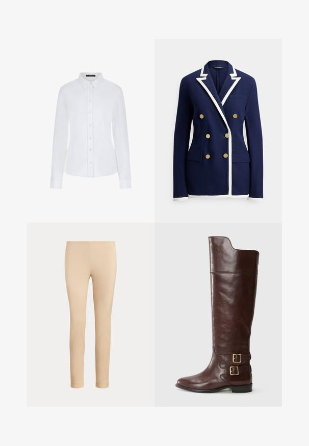 Marineblauwe dubbelgeknoopte blazer met witte biezen op revers, manchetten en zoom, voorzien van zes gouden knopen en voorflapzakken.; Witte lange mouwen shirt met een kraag, knoopsluiting aan de voorkant en manchetten. Gemaakt van soepel materiaal met een getailleerd ontwerp en zonder zichtbare patronen.; Beige slim-fit enkellange broek met een gladde afwerking en zonder zichtbare zakken of versieringen op een effen achtergrond.; Bruine leren kniehoge laars met een afgeronde neus, voorzien van twee goudkleurige gespen bij de enkel en een gladde, gepolijste textuur.