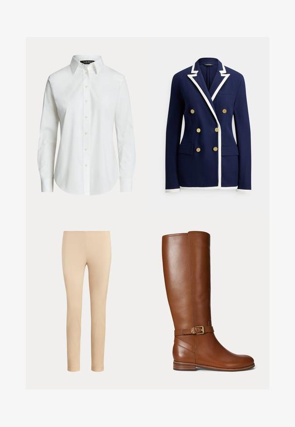 Marineblauer zweireihiger Blazer mit weißem Besatz an Revers, Bündchen und Saum, ausgestattet mit sechs goldenen Knöpfen und vorderen Pattentaschen.; Weißes langärmeliges Hemd mit klassischem Kragen und sichtbaren Knöpfen vorne, auf einfachem Hintergrund präsentiert.; Beige, figurbetonte, knöchellange Hose mit glatter Oberfläche und ohne sichtbare Taschen oder Verzierungen auf einfarbigem Hintergrund.; Brauner kniehoher Lederstiefel mit einer kleinen goldenen Schnalle und "RL" Logo am Riemen nahe dem Knöchel, flachem Absatz und glatter Oberfläche.