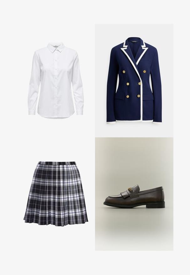 Blazer bleu marine à double boutonnage avec bordure blanche sur les revers, les poignets et l'ourlet, comportant six boutons dorés et des poches avant à rabat.; Chemise blanche à manches longues, dotée d'un col structuré et d'un ourlet arrondi. Fabriquée à partir d'un tissu lisse et uni, sans motifs ni accents visibles.; Jupe plissée à carreaux noir et gris avec une ceinture, la texture du tissu est lisse, avec des lignes horizontales et verticales de largeurs variées.; Mocassin en cuir marron foncé avec détail à franges et boucle dorée sur semelle noire, vu de côté sur un fond neutre.