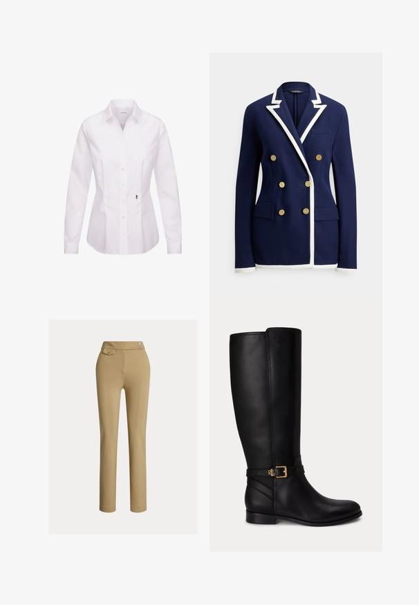 Marineblå dobbeltradet blazer med hvide kantdetaljer på revers, manchetter og kant, med seks guldknapper og forlommer med klap.; Hvid langærmet skjorte med knapper, klassisk krave, frontplade, sidesømme og en sort broderet rosedetalje nær kanten.; Beige skræddersyede bukser med en glat tekstur, høj talje, to dekorative knapper og en enkelt baglomme. Lige ben-design.; Sort knæhøj læderstøvle med lav hæl, guldlås og lille præget logo på sidespændet.