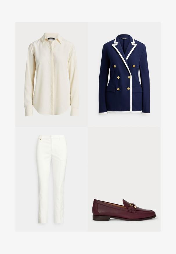 Blazer bleu marine à double boutonnage avec bordure blanche sur les revers, les poignets et l'ourlet, comportant six boutons dorés et des poches avant à rabat.; Chemise à manches longues crème clair avec un col pointu, un devant à boutons et une texture lisse ; présente un ourlet arrondi et une coupe ajustée.; Pantalon blanc sur mesure à coupe slim, présentant une texture lisse, des passants pour ceinture et un petit détail en métal doré. Aucune poche visible.; Mocassins en cuir bordeaux avec une finition lisse, dotés d'une boucle décorative et de détails de couture, d'un talon en bois plat et d'un bout arrondi.